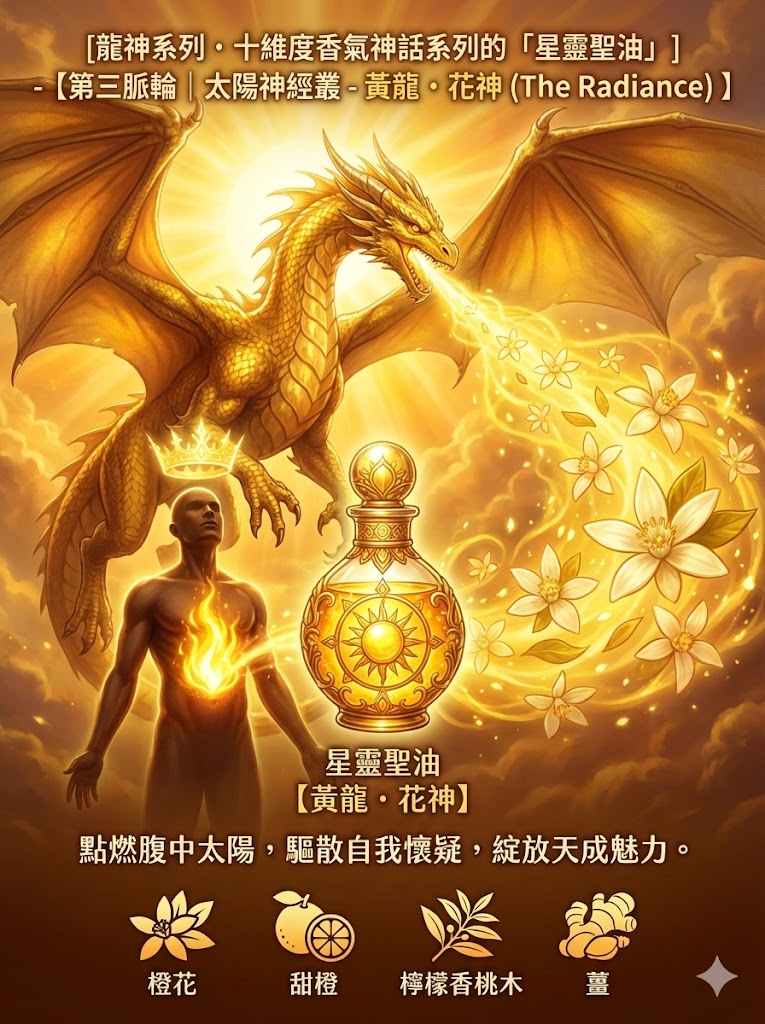龍神系列・十維度香氣神話系列的「星靈聖油」【 『第三脈輪｜太陽神經叢 - 黃龍・花神 (The Radiance) 』】